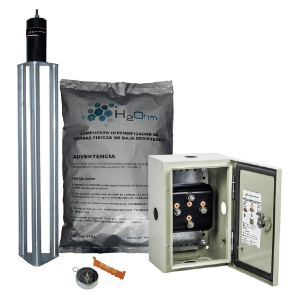 Kit de puesta a tierra de 70 A con Electrodo de Acero Inoxidable, Filtro, Acoplador y Compuesto H2Ohm.