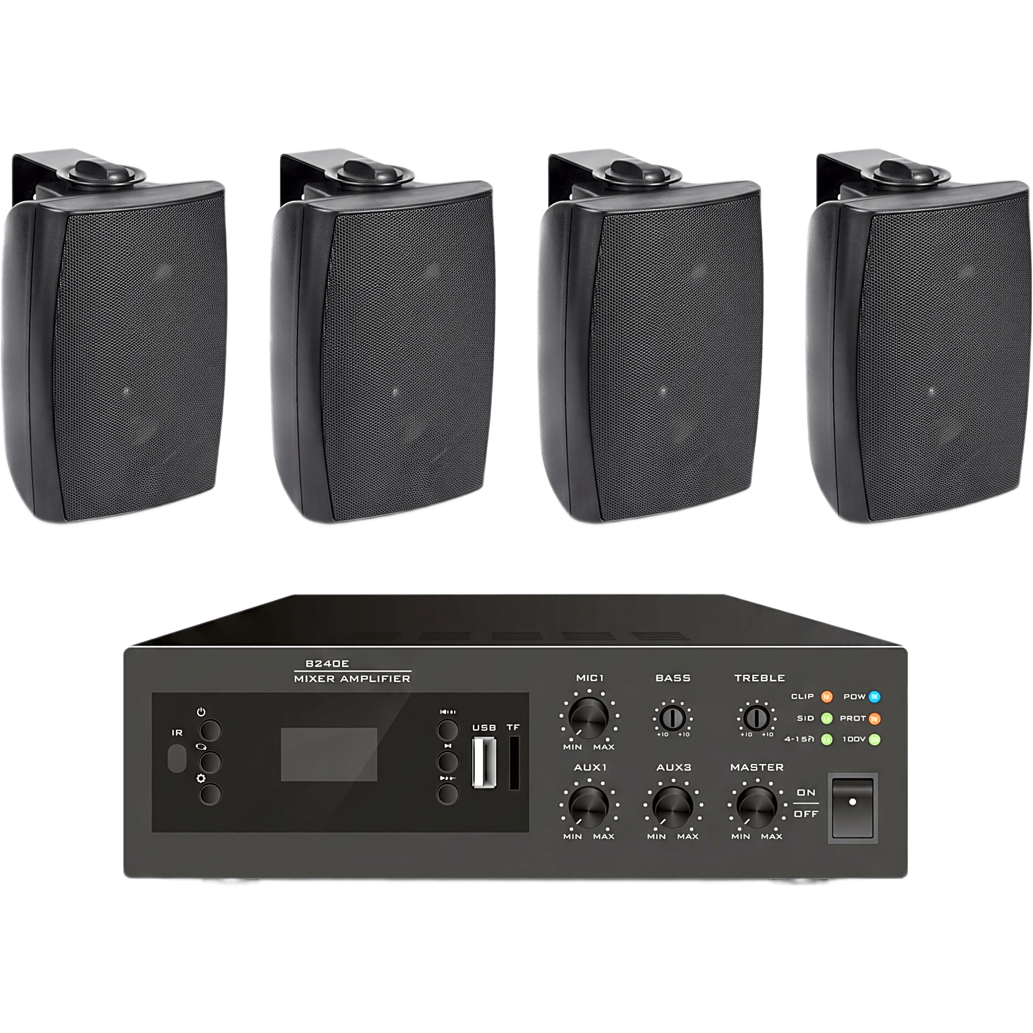 KIT de Amplificador de 240W para Escritorio | 4 Altavoces de Pared color Negro 2.5W - 20W | Sistema 70/100V