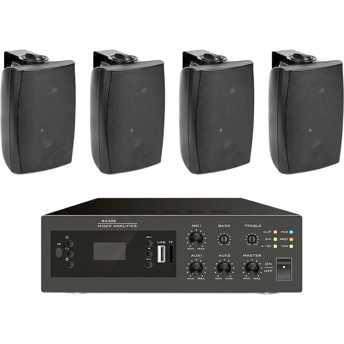 KIT de Amplificador de 240W para Escritorio | 4 Altavoces de Pared color Negro 2.5W - 20W | Sistema 70/100V
