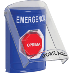 ?Botón Multipropósito, Color Azul, De Superficie, Con Tapa De Policarbonato, Sin Bocina Pre Alarma, Solo Interior, Llave Para Restablecer, Texto De Emergencia, Español