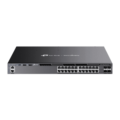 Switch Omada L3 SDN Administrable / 24 puertos PoE af/at Gigabit y 4 puertos SFP+ / Presupuesto PoE 720W / Funciones RIP, VRRP, Servidor DHCP / Administración centralizada OMADA / Fuente Redundante