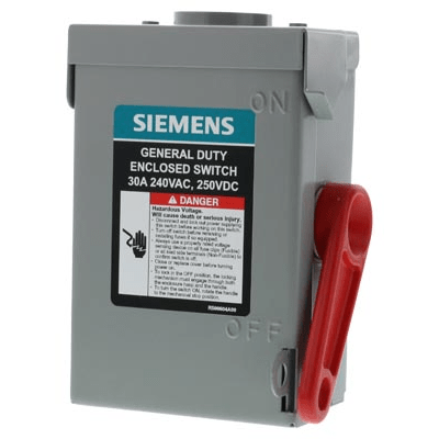 Interruptor de seguridad cerrado de doble ruptura. Interruptor de serie A, 2 polos, 2 hilos sin fusible, uso general. Nema 3R