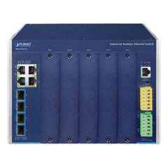 Switch Modular Industrial Capa 3 / 5 Slots / 4 Puertos Gigabit RJ45 / 4 Puertos SFP+ 10G / Rango de Temperatura -40~75°C / Entrada de Potencia Redundante 12-48V / Soporte IPv6/IPv4