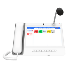 Teléfono IP Color Blanco Android 9.0 Empresarial para voceo 20 líneas SIP, pantalla táctil, Wi-Fi y Bluetooth, PoE, Voceo/ Musica por Multicast, puertos Gigabit, Sofware de Enfermeria