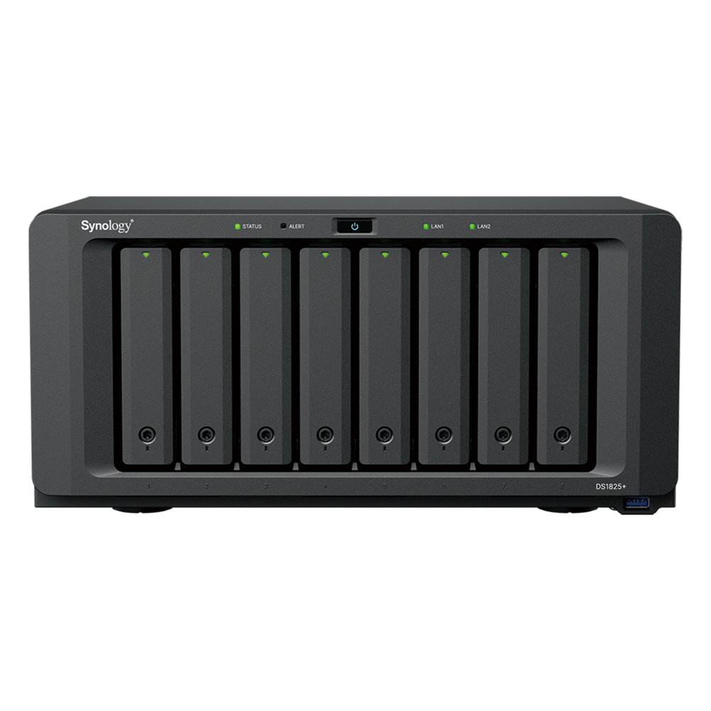 NAS DiskStation DS1825+ | 8 Bahías | AMD Ryzen V1500B | 8 GB DDR4 ECC | Hasta 2,239 MB/s Lectura | 2 Puertos 2.5GbE | Expansión PCIe 3.0 | Compatible con 10GbE y 25GbE | Caché SSD M.2 | Synology DSM.
