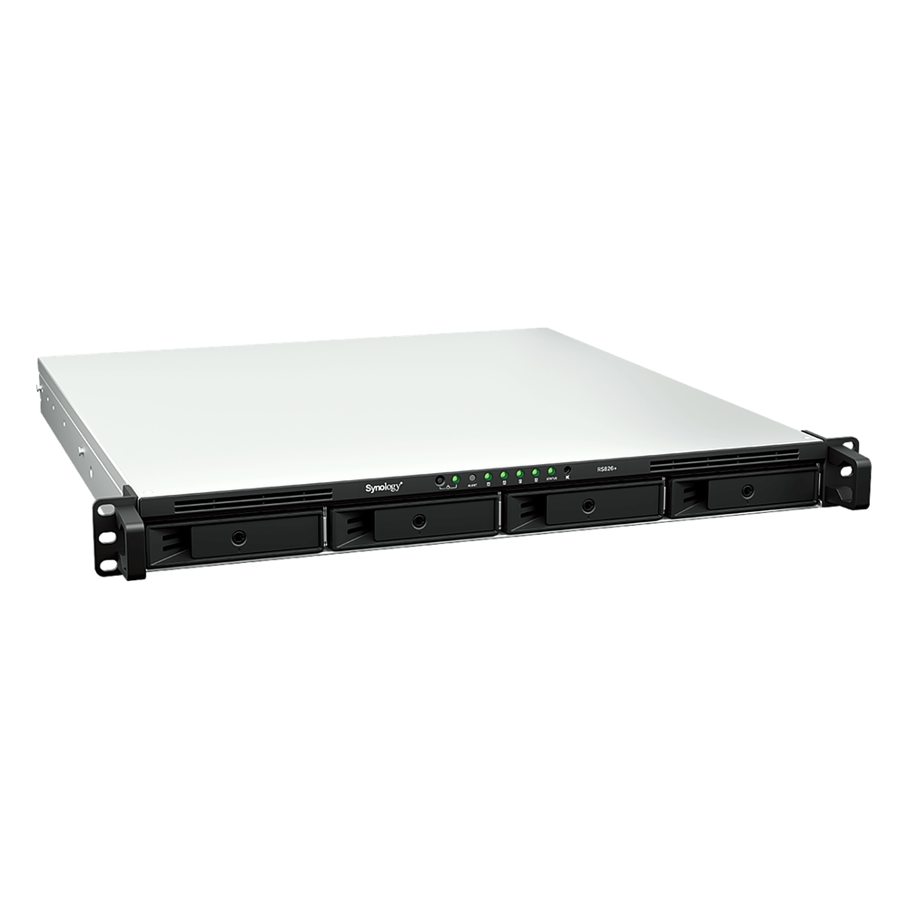NAS Rackmount 4 Bahías / 1U 44 mm (1.73 in) / AMD Ryzen V1500B 4 Núcleos 2.2 GHz / 4GB DDR4 ECC SODIMM / 4x 1GbE RJ45 / PCIe 3.0 x8 / Escalable a 8 Bahías con RX426 / DSM / Storage Tiering