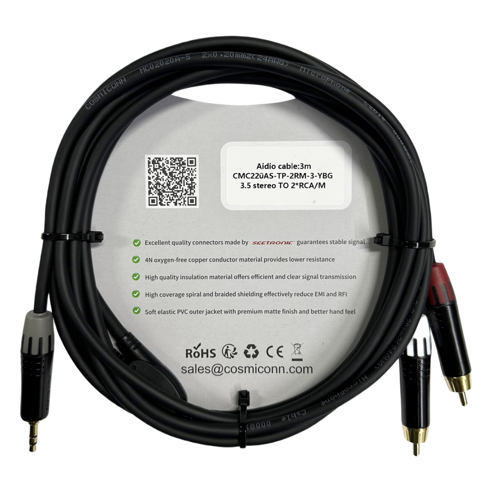 Cable 3.5mm a 2 RCA, conectores negros, con diferenciador de blanco y rojo en RCA MT380-RD - MT380-WH - MTP3C-BG, length 10m