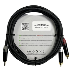 Cable 3.5mm a 2 RCA, conectores negros, con diferenciador de blanco y rojo en RCA MT380-RD - MT380-WH - MTP3C-BG, length 10m