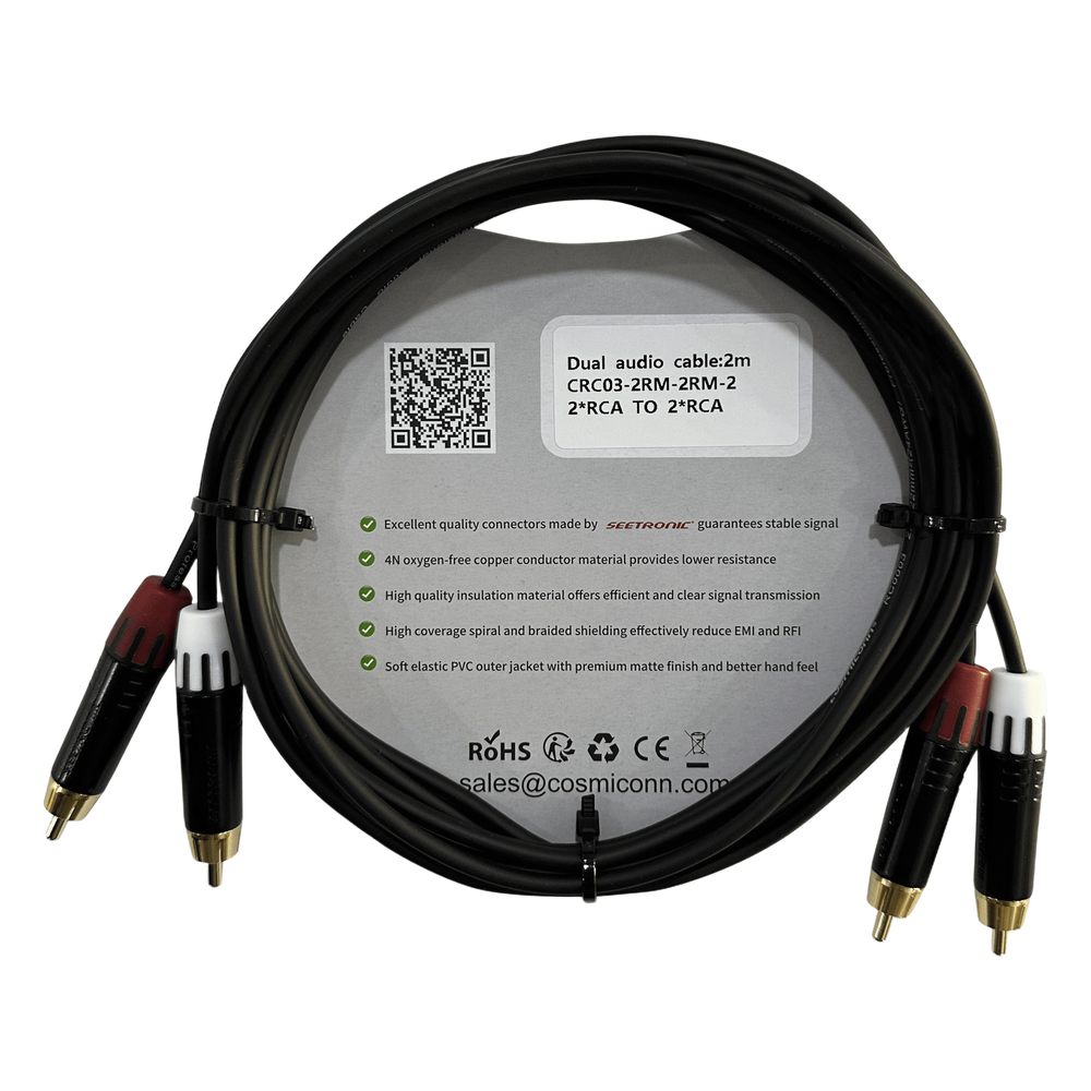 Cable 2 RCA x 2 RCA, conectores negros, con diferenciador de blanco y rojo (2x MT380-RD - 2x MT380-WH), length 2m