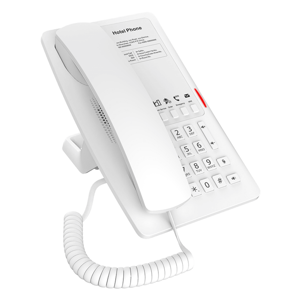 Teléfono IP Hotelero / 2 Líneas SIP / 5 Teclas Programables / Puerto USB-A de Carga / PoE 802.3af / Diseño Blanco / Audio HD Manos Libres