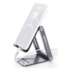 Soporte para Teléfono Celular de Aluminio | Angulo Ajustable | Amplia Compatibilidad con dispositivos de 4.7'' a 7.9'' | Antideslizante | Antiarañazos | Plegable | Color Gris.