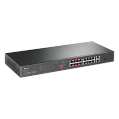 Switch PoE+ no Administrable 16 puertos 10/100 Mbps + 2 puertos 10/100/1000 Mbps + 1 puerto SFP, 8 puertos Extensor PoE (hasta 250 m), 150W, diseño para Vigilancia IP