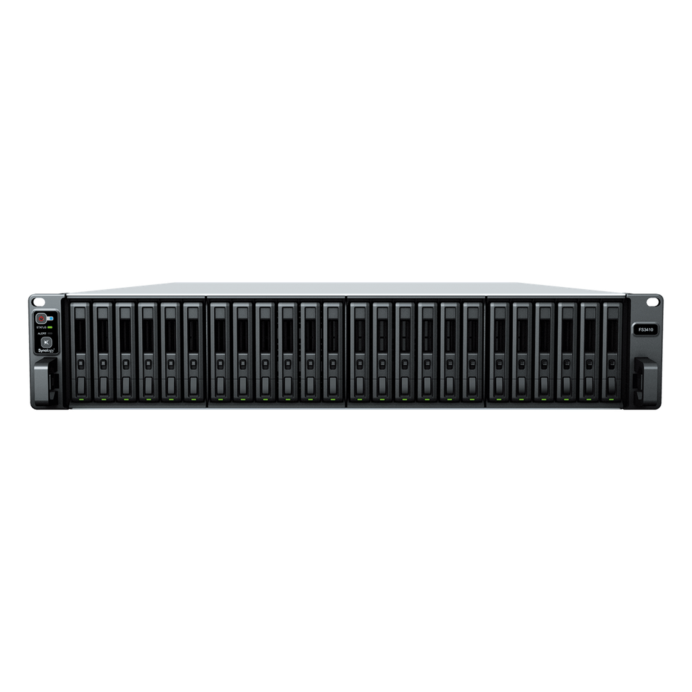 Servidor de Almacenamiento FlashStation FS3410 | 24 Bahías SSD SATA 2.5" | Intel Xeon D-1541 8 Núcleos | 16 GB RAM (Ampliable a 128 GB) | 356,500 IOPS Lectura | 129,400 IOPS Escritura | 4 Puertos 1GbE + 2 Puertos 10GbE