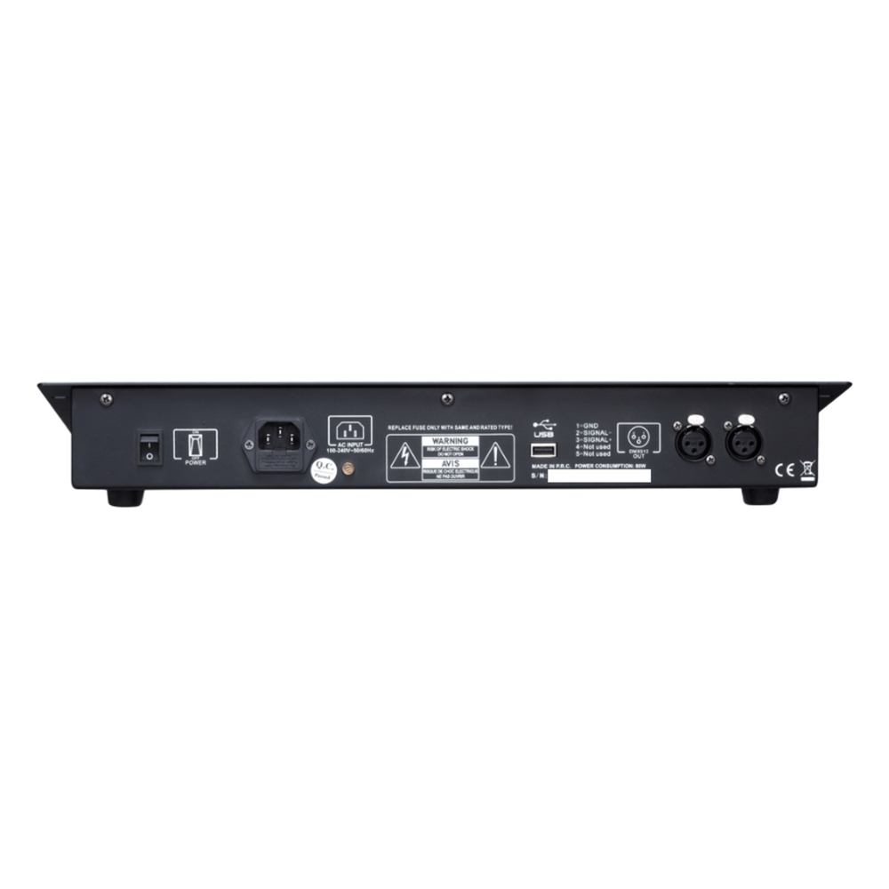 Controlador de Iluminación DMX Profesional / 256 Canales DMX512 / 16 Fixtures Simultáneos / Generador de 135 Shapes Integrados / 80 Playbacks con Control HTP-LTP / 2 Puertos DMX Aislados Ópticamente / Montaje en Rack