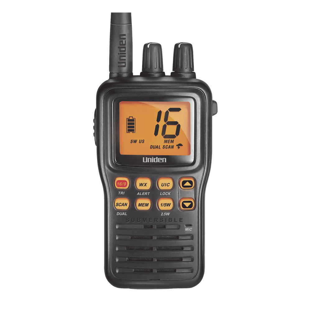 Radio Marino Portátil VHF, flotante y sumergible, Rx: 156.050-163.275MHz Tx: 156.025-157.425MHz, cumple con los canales marinos Internacionales, de EUA y Canadá