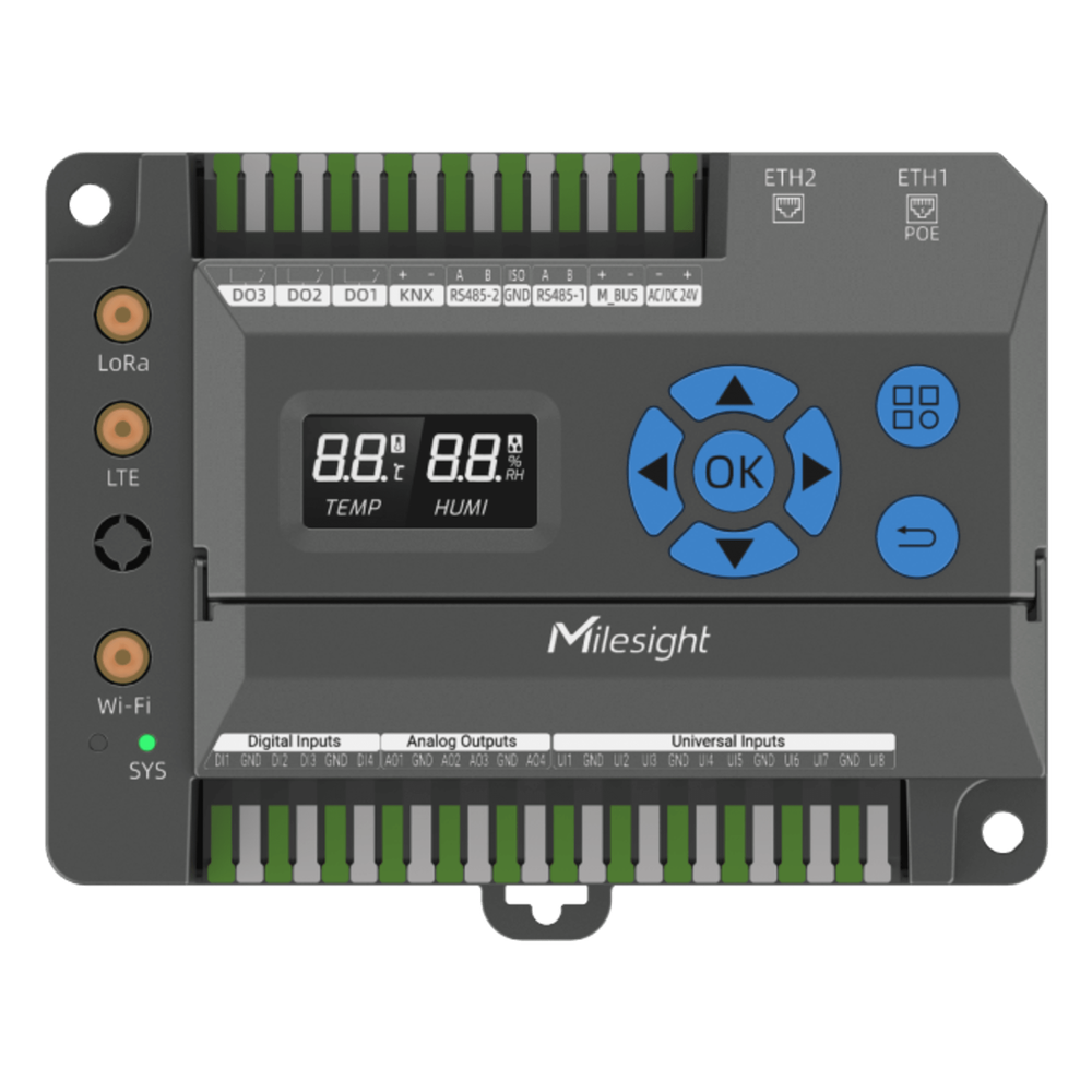 Gateway IoT LoRaWAN para Automatización de Edificios / Quad-Core 1.5 GHz / 8 Canales LoRaWAN / 2,000 Dispositivos / Edge Computing / 4G LTE / KNX + BACnet + Modbus / RS485 + M-Bus