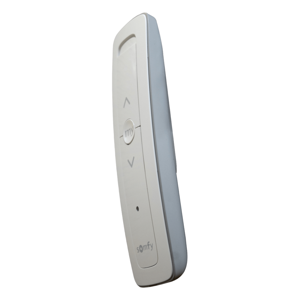 Control remoto 1 canal para motores de persiana Somfy con señal inalámbrica, instrucciones: sube, baja y detener, con posición favorita programada.