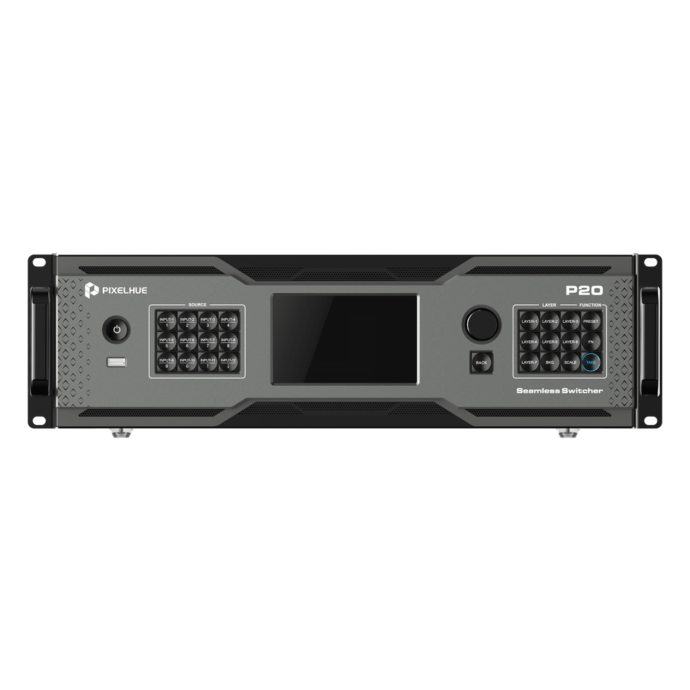 Switcher de Presentación 4K / Hasta 12 Capas DL (2 MAIN + 10 PIP) / 10G Fibra Óptica 10 km / HDMI 2.0 DP 1.2 12G-SDI / Modos Duales Switcher y PGM / Dante Audio 32x32 / Multiviewer Dedicado / Backup Automático
