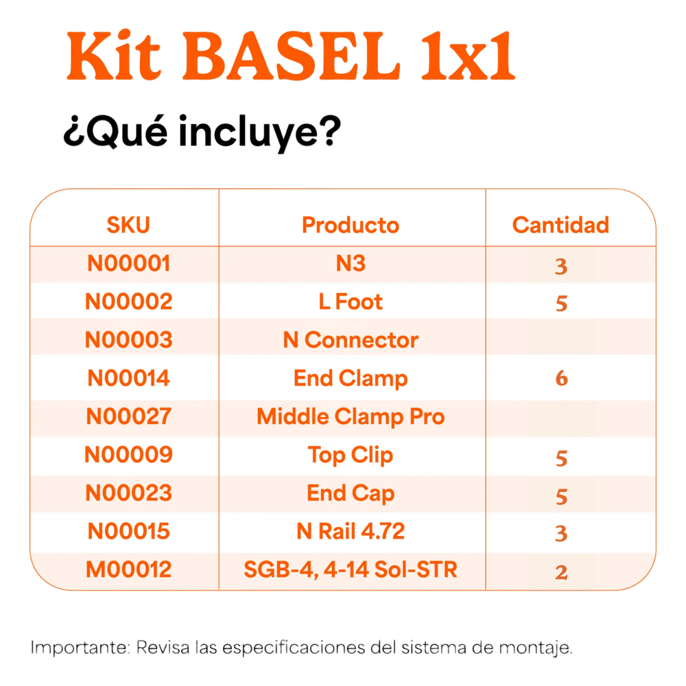 Kit Basel Sistema de Montaje Solar para 1 Módulo / Inclinación 10° / Para Módulo 645 W / Dimensiones del Módulo 2.382 m (7.8 ft) x 1.134 m (3.7 ft) / Velocidad de Viento 170 km/h /  Losa Plana Una Fila