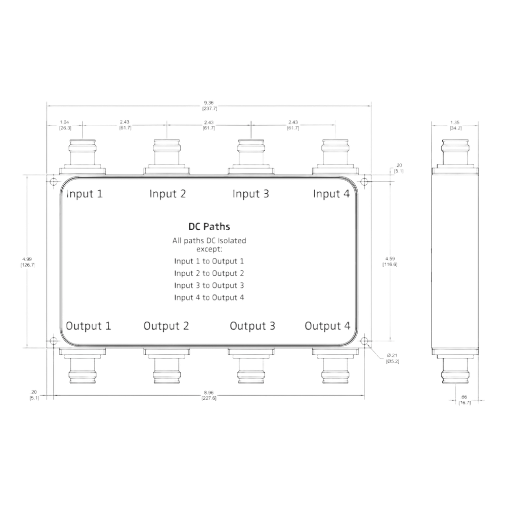 Combinador Híbrido 4x4 Wideband / 617-2700 MHz / 150W por Entrada / Aislamiento 23 dB / Bajo PIM -161 dBc / IP68 Exterior / Conectores 4.3-10