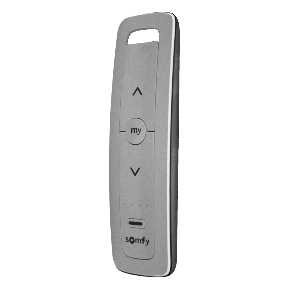 Control remoto 5 canales para motores de persiana Somfy con señal inalámbrica, instrucciones: sube, baja y detener, con posición favorita programada.