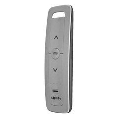 Control remoto 5 canales para motores de persiana Somfy con señal inalámbrica, instrucciones: sube, baja y detener, con posición favorita programada.