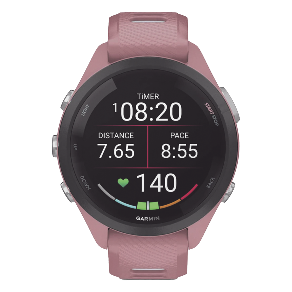 Forerunner® 265S, Bisel negro con carcasa en rosa y correa de silicona en rosa/gris
