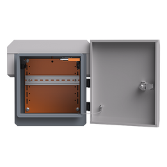 Gabinete de Acero Ventilado para Exterior 250 x 250 x 180 mm con Rieles DIN y 4 Placas Laterales para Montaje de Equipos por Fuera