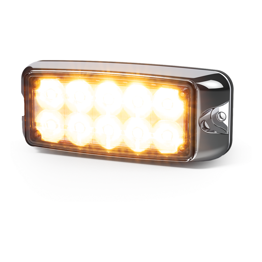 Luz de Advertencia de 10 LED, Ambar/Blanco, 5x2 Pulgadas, Lente Transparente, Bisel Cromado