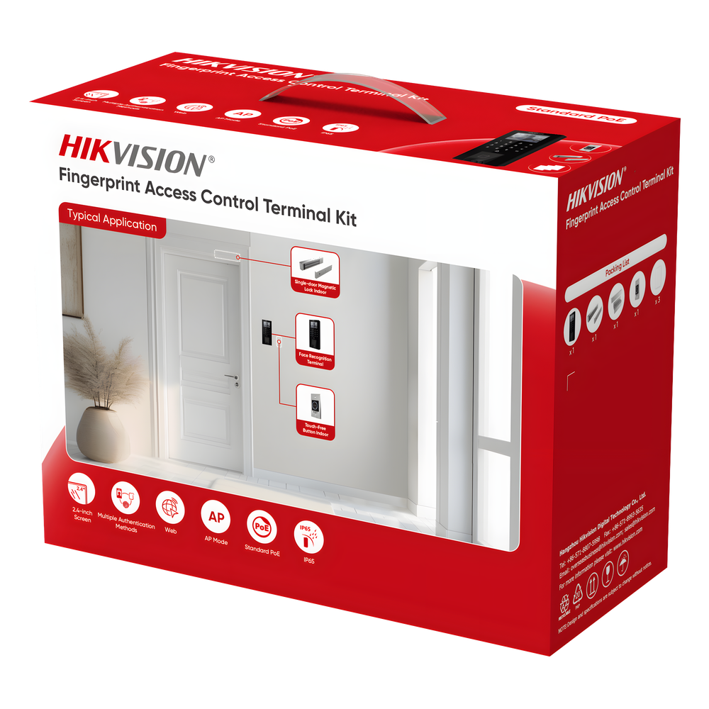 Kit Terminal Control Acceso Biométrico DS-KAS807 / Huella Digital / Códigos QR / 2.4" LCD / 5000 Huellas + 5000 Tarjetas / IP65 / Wi-Fi + PoE / Cerradura Magnética 272 kg / Botón Touchless