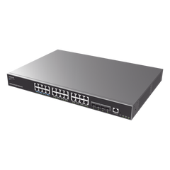 Switch Capa 3 PoE+ Administrable / 24 puertos 10/100/1000 Mbps + 4 Puertos SFP+ de 10 Gigabits / Hasta 360W / Compatible con GWN Cloud.