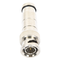Conector BNC Macho en 75 Ohm, de Compresión Axial para Cable Coaxial RG-59/U, Níquel/ Oro/ Politetrafluoroetileno.