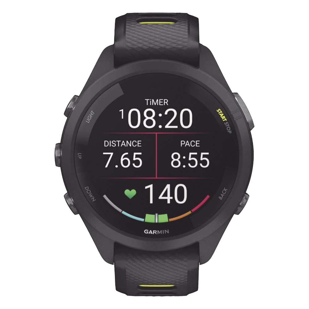 Forerunner® 265S, Bisel y carcasa en negro con correa de silicona en negro/amarillo