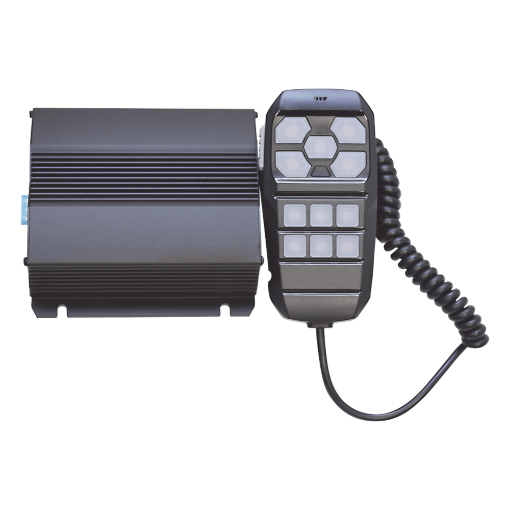 Sirena Vehicular de 100W de Potencia, Incluye Controlador Unimando Para Control de Tonos, 4 Salidas Auxiliares y Microfono