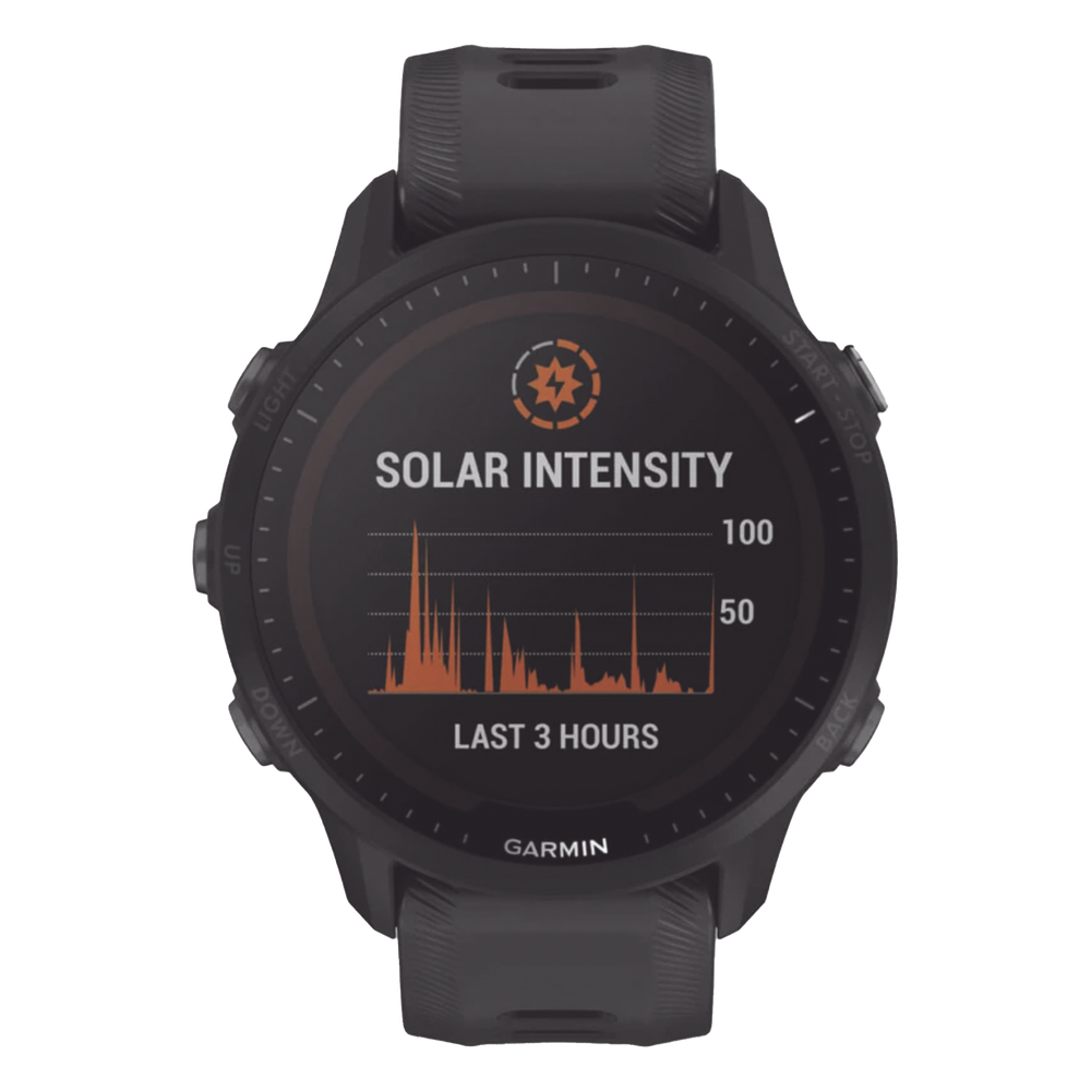 Reloj Garmin Forerunner 955 solar color negro en correa de silicón, con funciones premium de entrenamiento.