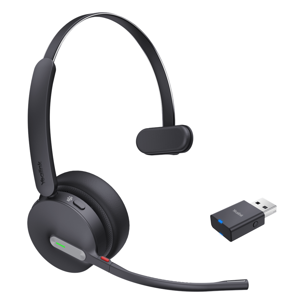 Auriculares híbridos mono Yealink WH64 edición MS/ Adaptador DECT y auriculares con Bluetooth integrado/ Cancelación de ruido con 3 micrófonos/ Alcance inalámbrico de 150 m