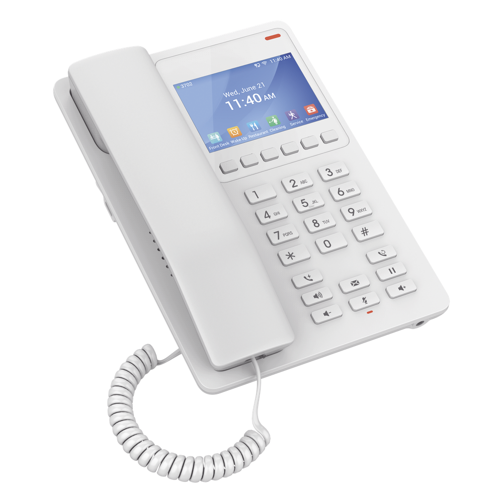 Teléfono IP WiFi Hotelero con pantalla LCD a color, 2 líneas SIP con 2 cuentas, codec Opus, IPV4/IPV6, color blanco, con gestión en la nube GDMS