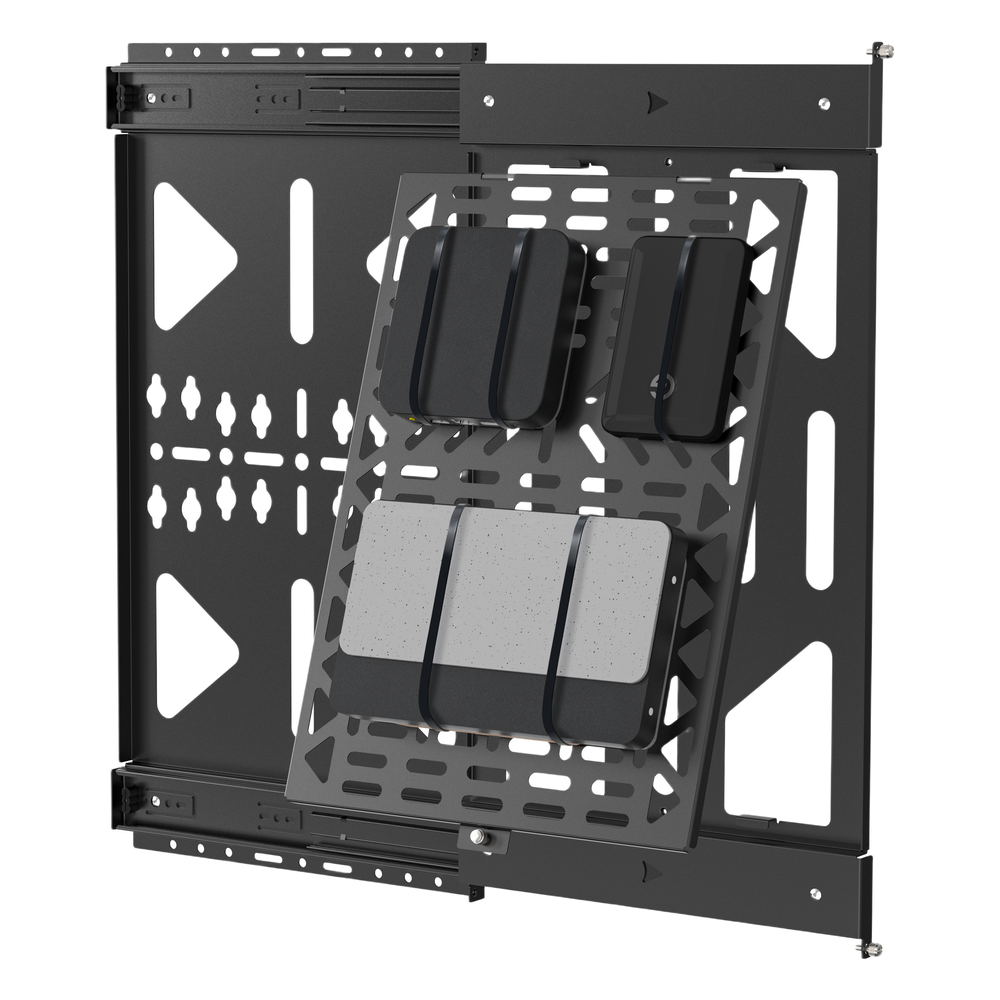 Montaje Deslizante de Almacenamiento AV | Capacidad de Carga 10 kg (22 lbs) | Rango de Deslizamiento 300 mm | Fabricado en Acero | Sistema de Sujeción Quick-Release sin Herramientas