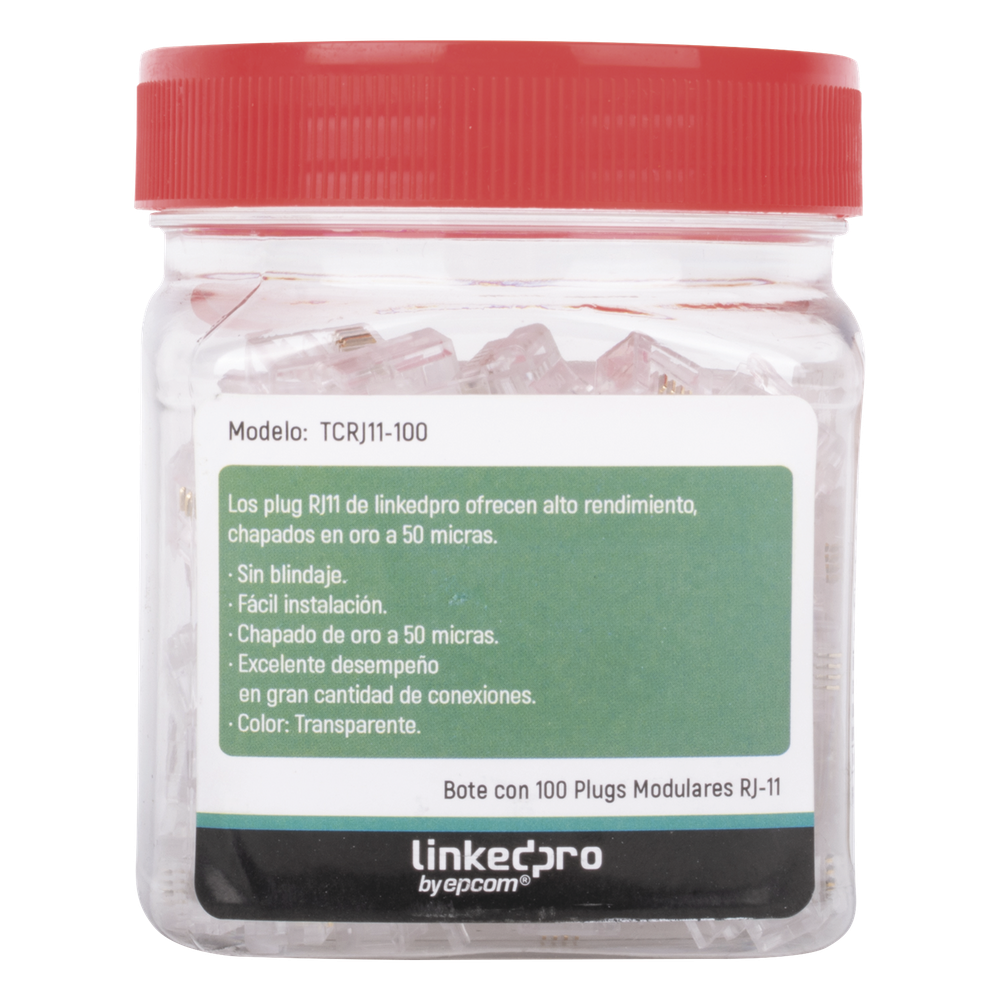 Bote con 100 Piezas de Plug Modular Tipo RJ11 de 4 Contactos Chapado de Oro a 50 Micras