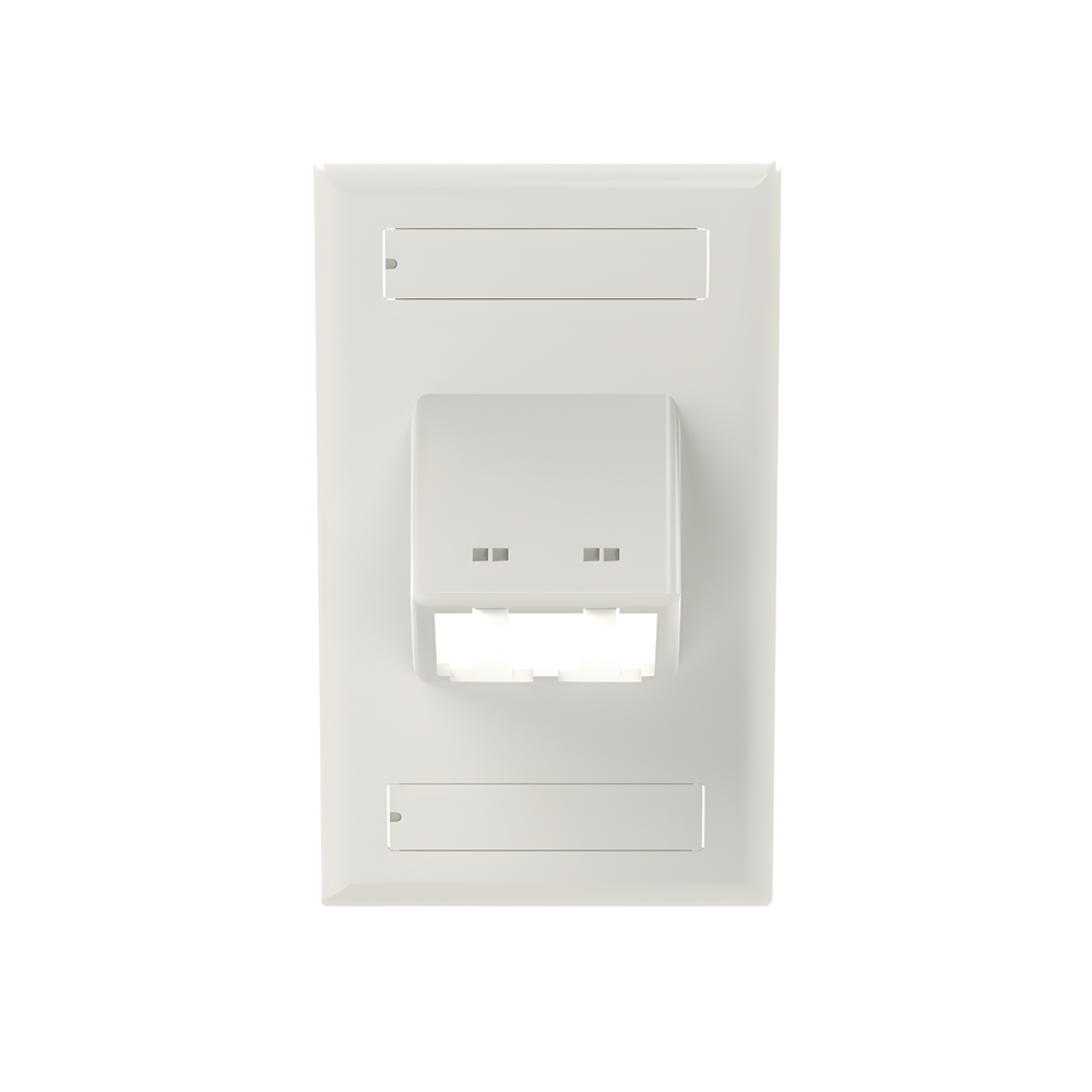 Placa de Pared Vertical Clásica, Salida Para 2 Puertos Mini-Com Inclinados, Con Espacios Para Etiquetas, Color Blanco