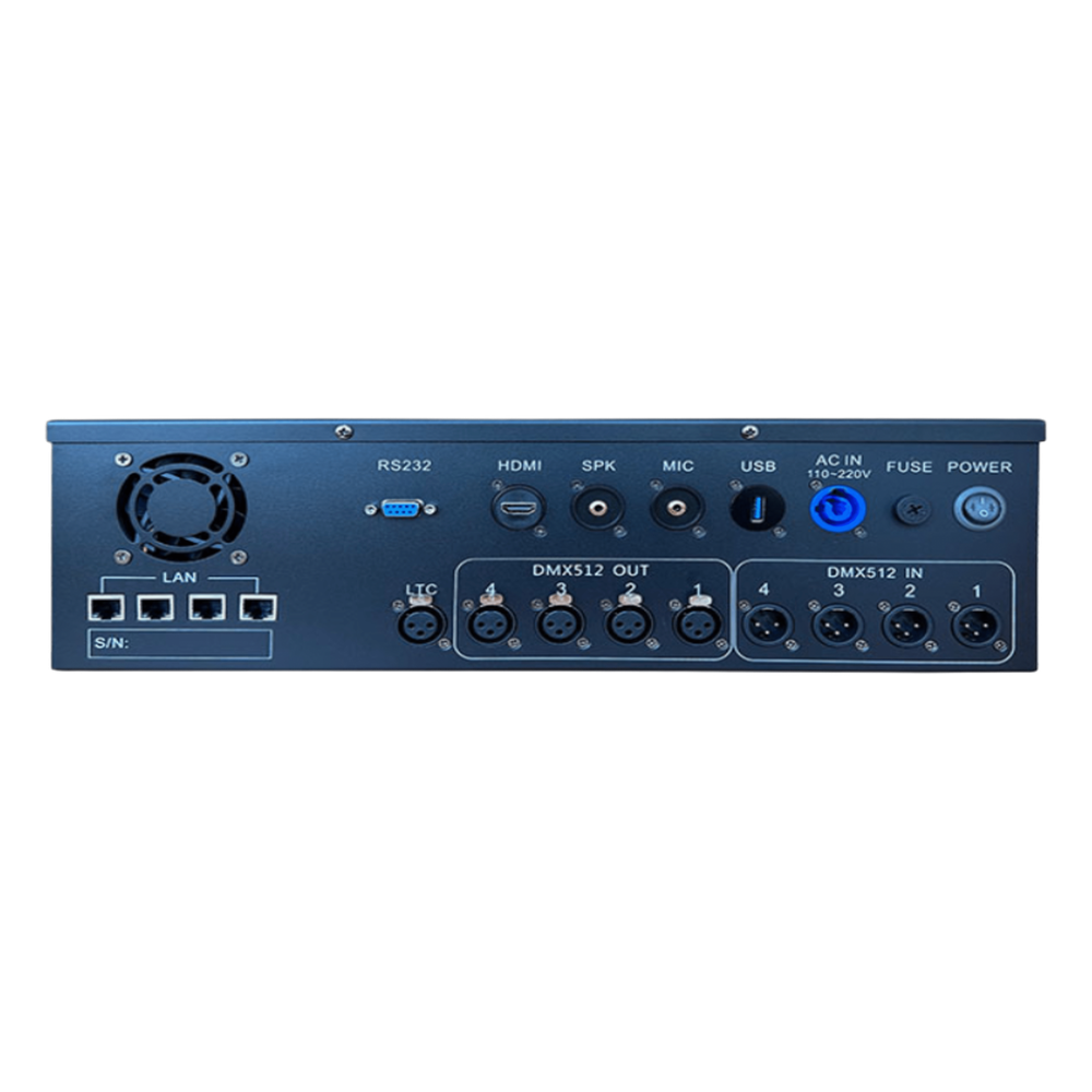 Grabador y Controlador Central Multimedia Automatizado / Chasis Rack 2U / Android OS Embebido / CPU Quad-Core / 4 GB RAM Industrial / 32 GB SSD / 4 Puertos DMX512 Fotoeléctricos Aislados / 2048 Canales Nativos Expandibles a 4096 / 4 Puertos Gigabit