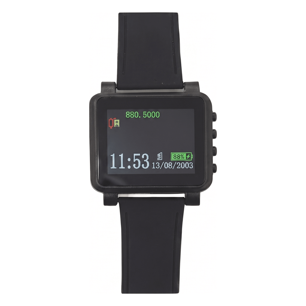 Reloj Receptor Inalámbrico de Muñeca / Display LCD a Color / Batería Recargable / Indicación Visual y Acústica de Alarmas / Almacena hasta 3000 Caracteres / Conexión Inalámbrica por Radiofrecuencia