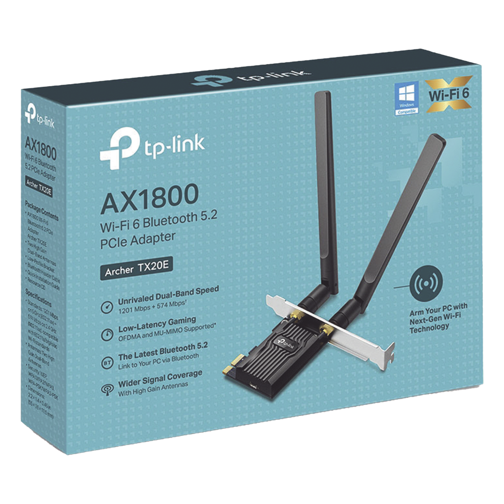 Adaptador  PCIe inalámbrico doble banda AX1800 Mbps / Seguridad Inalámbrica WPA3 /Antena de alta ganancia / Tecnología MU-MUMO 2X2 / Soporte de perfil bajo y Altura completa / Bluetooth 5.2