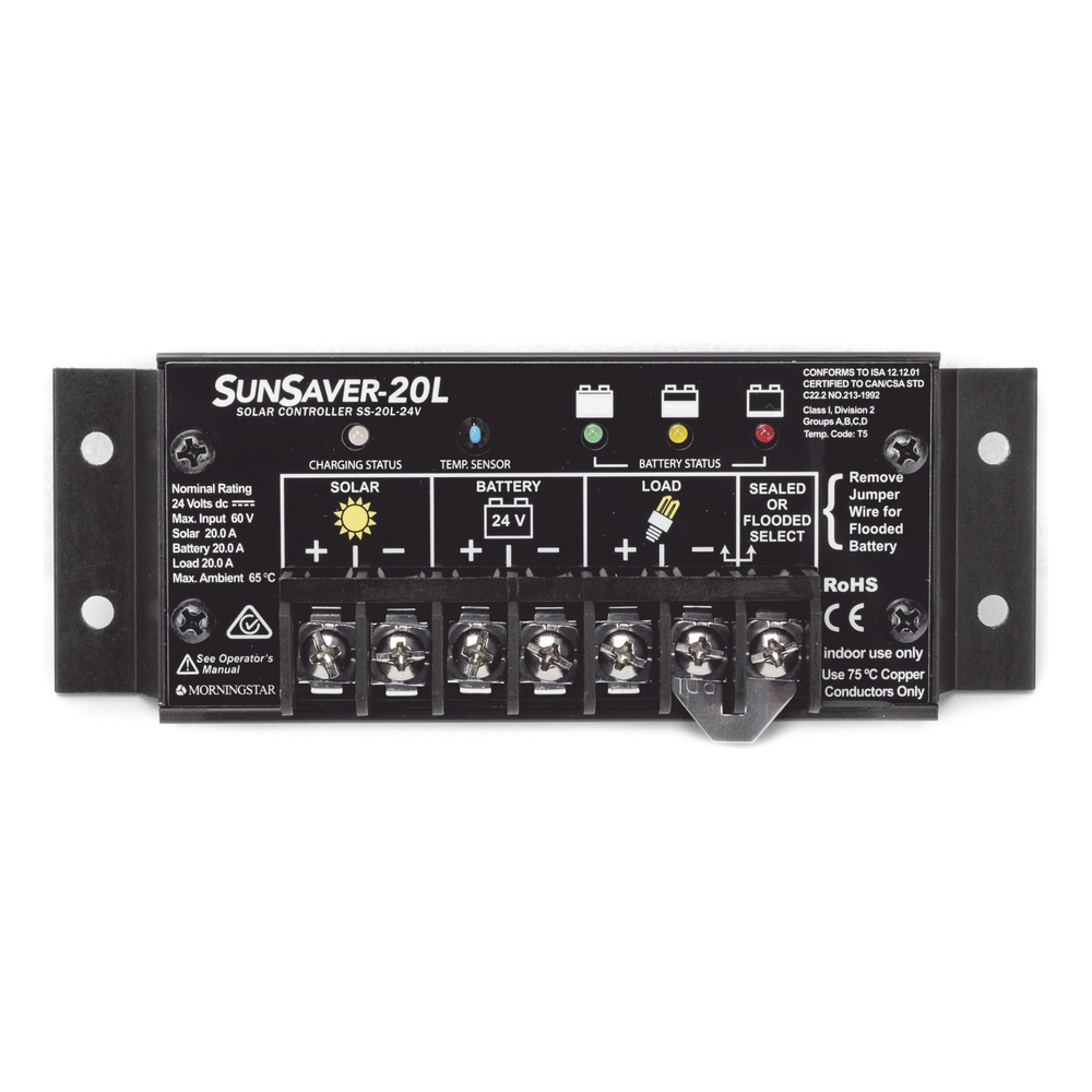 Controlador de Carga Solar SunSaver PWM 20 A / 12 VCC / Encapsulado Epóxico / Clase 1 Div 2 / Compensación de Temperatura