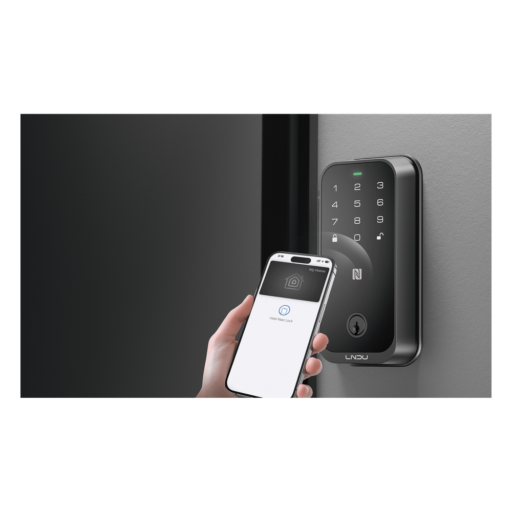 Cerradura Inteligente con Huella Digital LNDU HK01W / WiFi Integrado / Compatible Apple HomeKit / Teclado Táctil / 8 Baterías AA / Escaneo iPhone-Apple Watch-Fob / Bloqueo Manual y Automático / Exterior IP54
