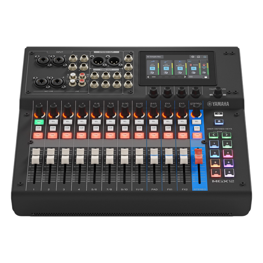 Consola Digital de Audio | 12 Canales | Pantalla Táctil 4.3in | Entradas de Mic/Line y Estéreo | Salidas Análogas y USB | Pads configurables | DSP | Entrada Bluetooth |  Grabación Multipista | Color Negro