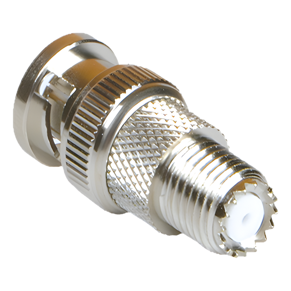 Adaptador en Línea de Conector Mini-UHF Hembra a BNC Macho, Níquel/ Oro/ Teflón.