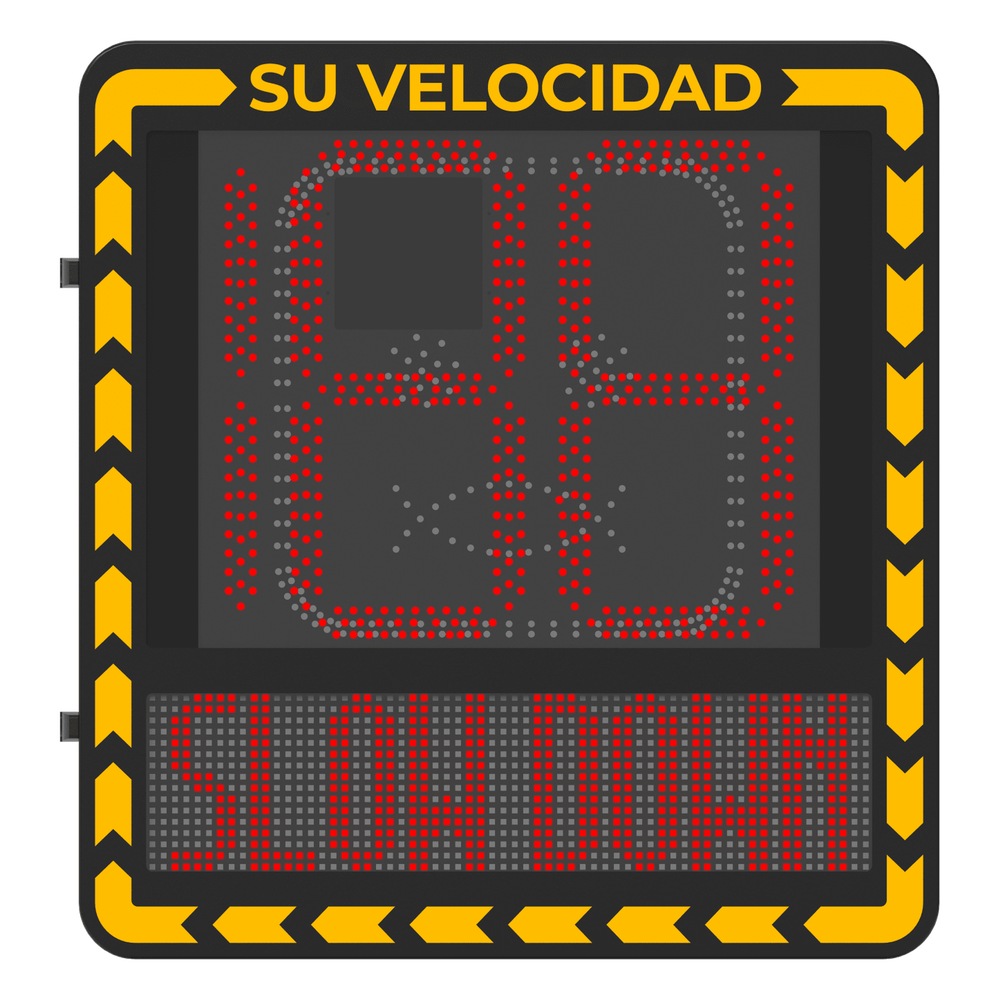 Display LED para Control de Velocidad Exterior / Distancia Visible de 100 m / LED de Alta Luminosidad y Bajo Consumo / Visualización de Velocidad con Código de Colores / IP66 / Conectividad Wi-Fi y Ethernet / Compatible con TCP/IP, HTTP, DHC