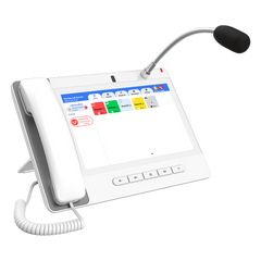 Teléfono IP Color Blanco Android 9.0 Empresarial para voceo 20 líneas SIP, pantalla táctil, Wi-Fi y Bluetooth, PoE, Voceo/ Musica por Multicast, puertos Gigabit, Sofware de Enfermeria