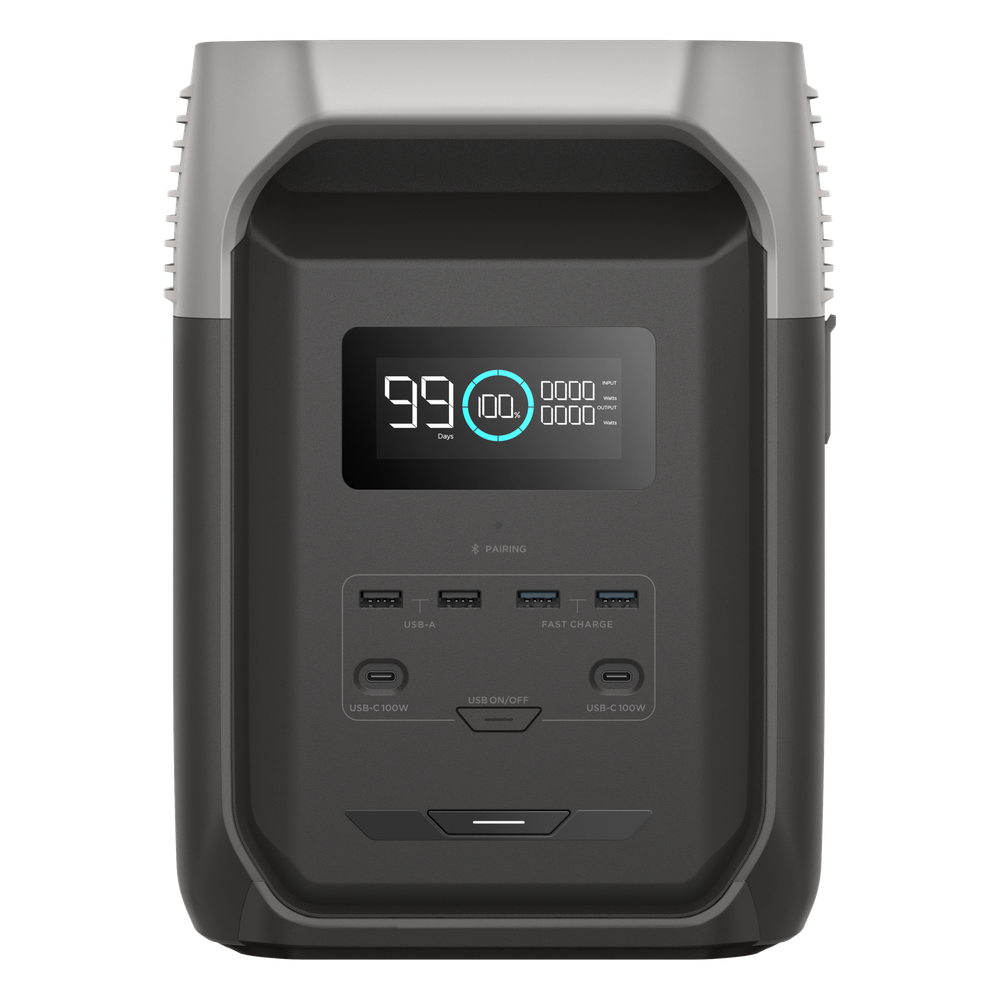 Estación de Energía Portátil Delta 3 1536Wh Litio LFP / 6 AC 1800 W (Max. 3600W) / 2 USB-C 100W / Capacidad para Aumentar Respaldo / Cargador de Coche 10A a 12.6V / Conectividad WiFi y Bluetooth (App) / Carga Solar 500W Max.